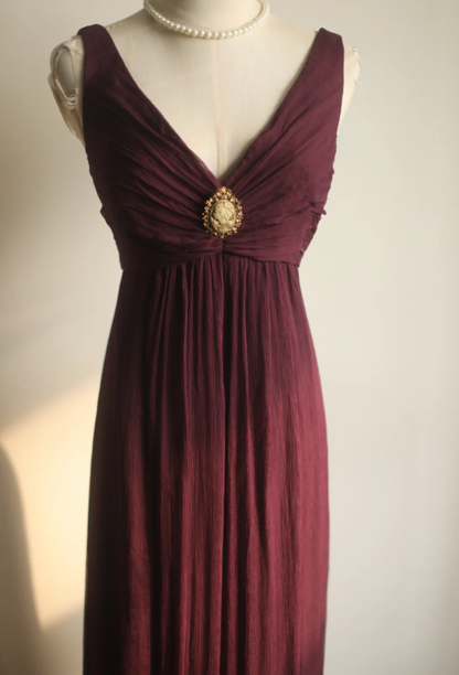 Retro Dark Purple V Neck Chiffon Long Prom Dress Evening Gown