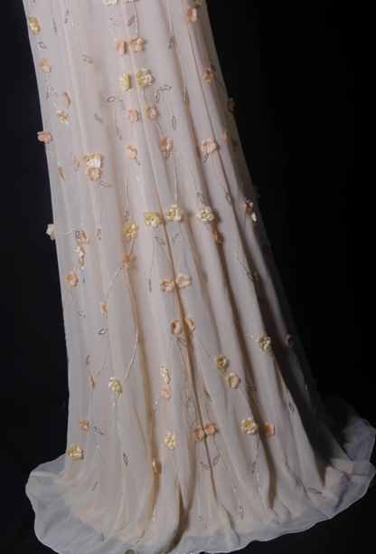 Fairy Spaghetti Straps Chiffon 3D Floral Beaded Mermaid Long Prom Dress Party Gown