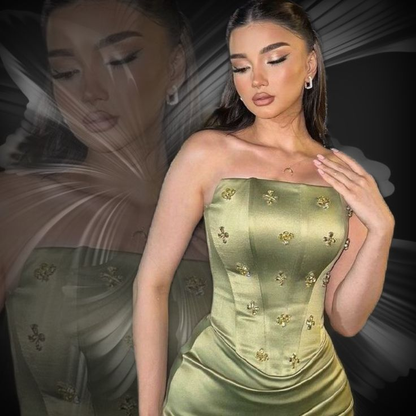 Vintage Olive Green Strapless Satin Pleated Beaded Mermaid Evening Dress Formal Birthday Prom Gown