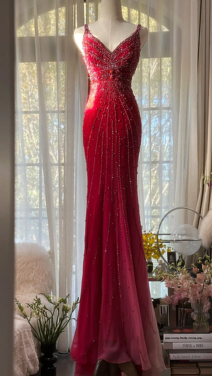 Gorgeous Spaghetti Straps Red Chiffon Beaded Mermaid Long party Dress Evening Gown