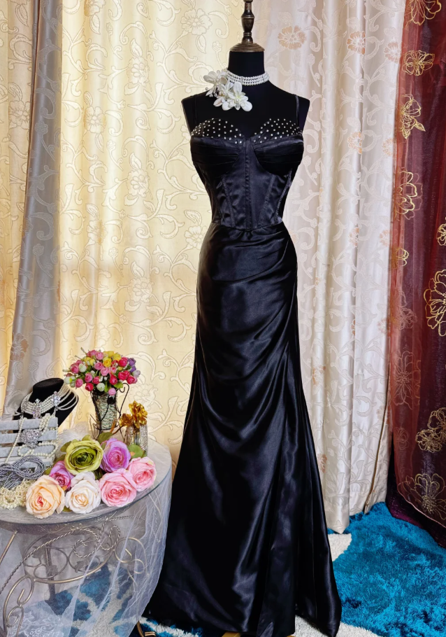 Fashion Black Spaghetti Straps Satin Beaded Mermaid Long Evening Dress Formal Wedding Guest Dress SP1614