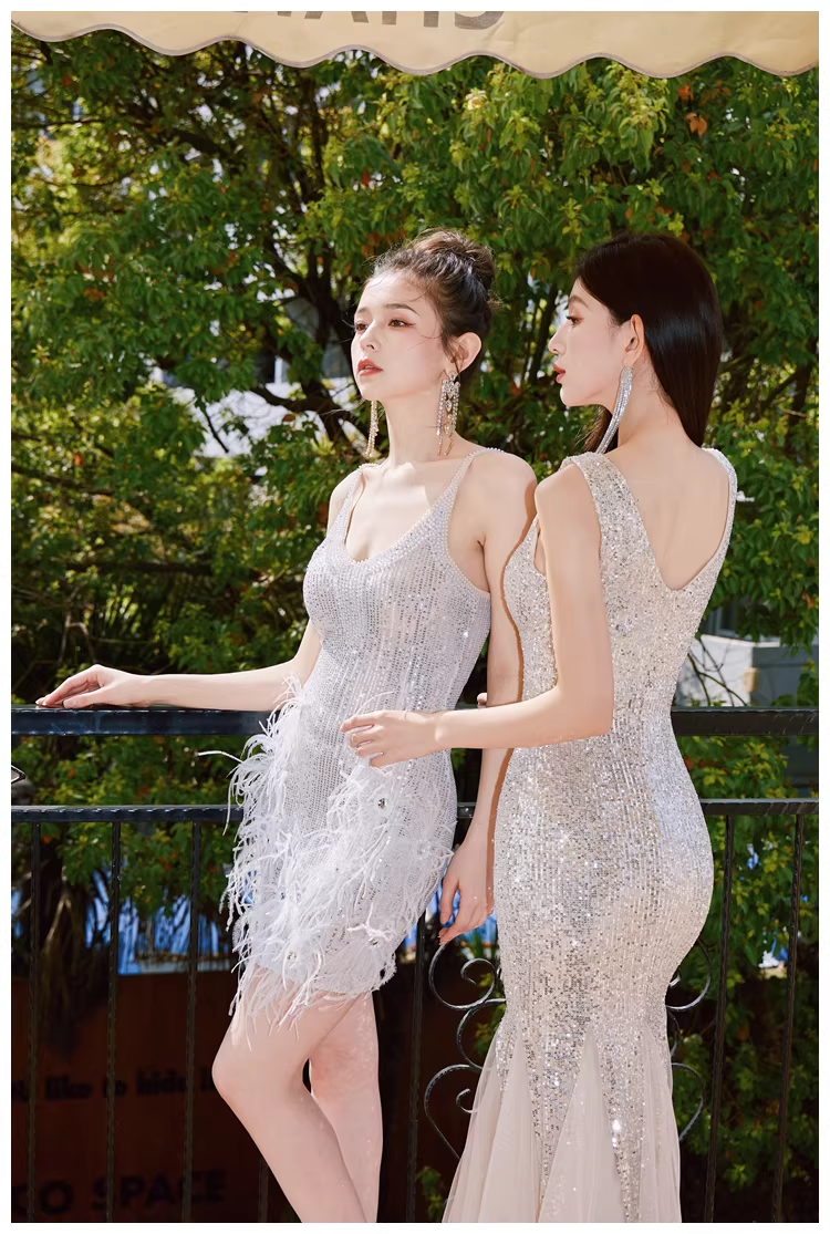 Glitter V Neck Champagne Silver Sequin Tulle Mermaid Long Evening Dress Party Gown
