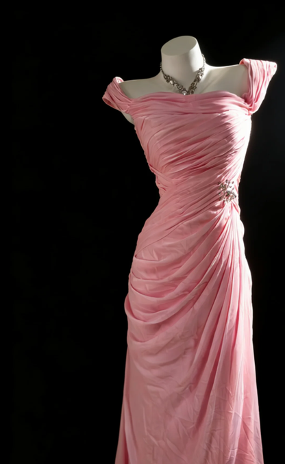 Elegant Pink Chiffon Pleated Mermaid Long Wedding Guest dress Formal Birthday Party Gowns With Beads SP1582