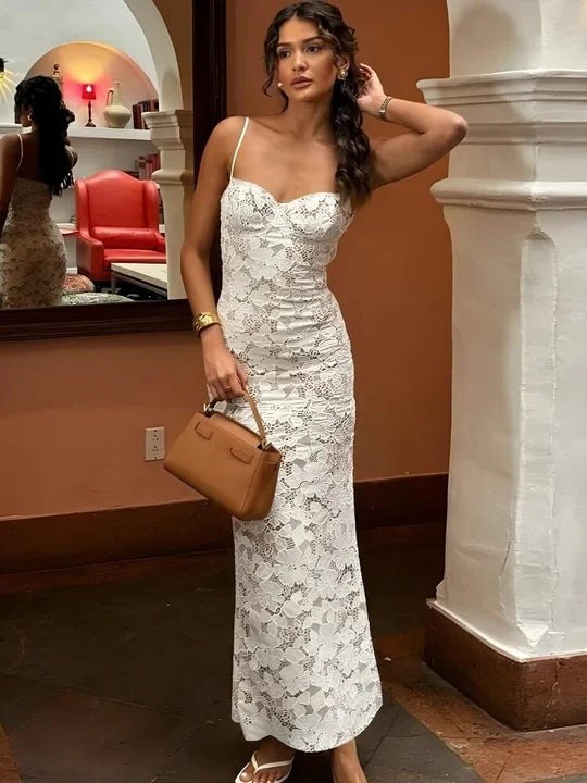 Vintage White Lace Prom Dress Sheath Spaghetti Strap Evening Dress Long Formal Dress TP4713