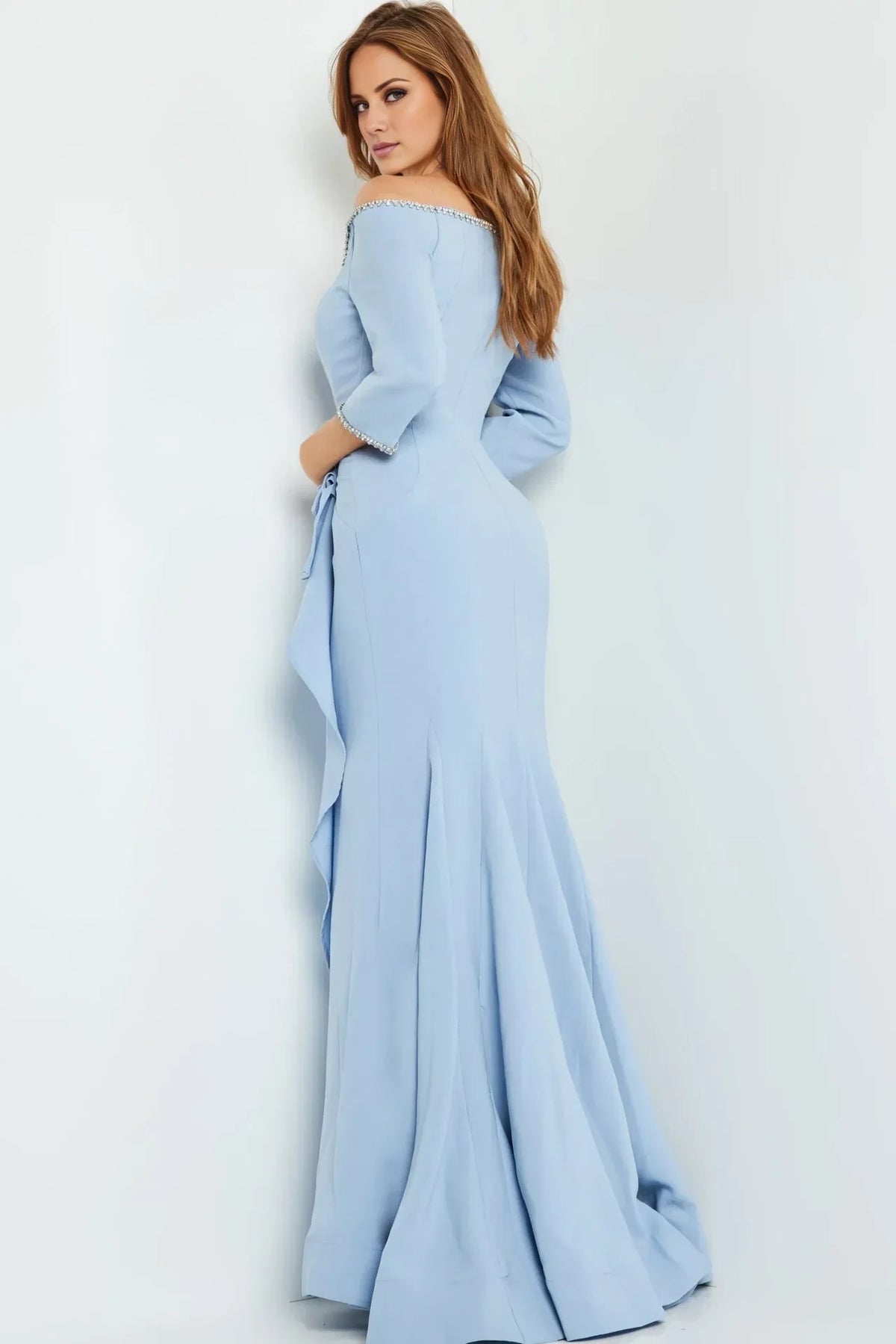 Light blue off shoulder beaded ruffle edge and floor length evening dress