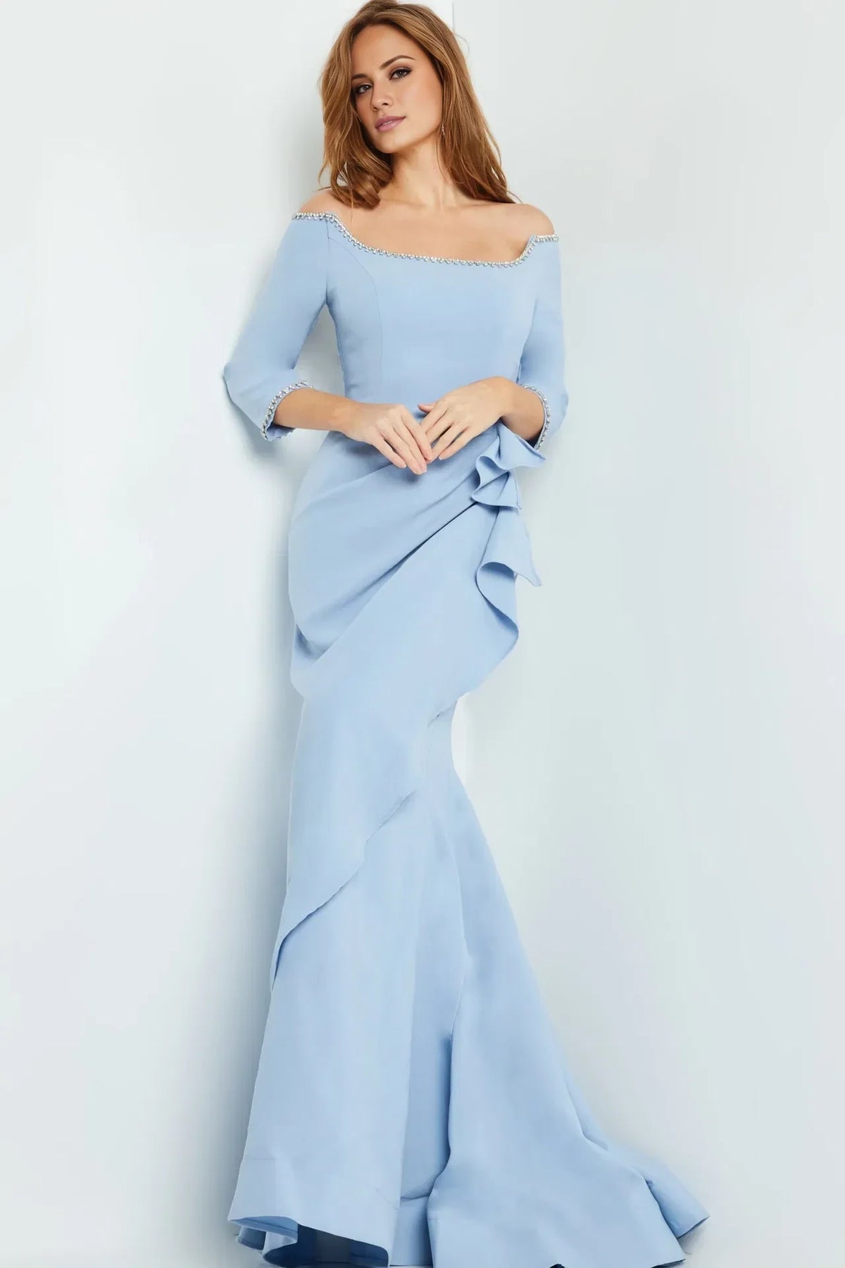 Light blue off shoulder beaded ruffle edge and floor length evening dress