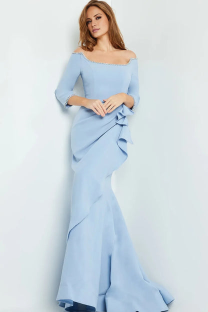 Light blue off shoulder beaded ruffle edge and floor length evening dress
