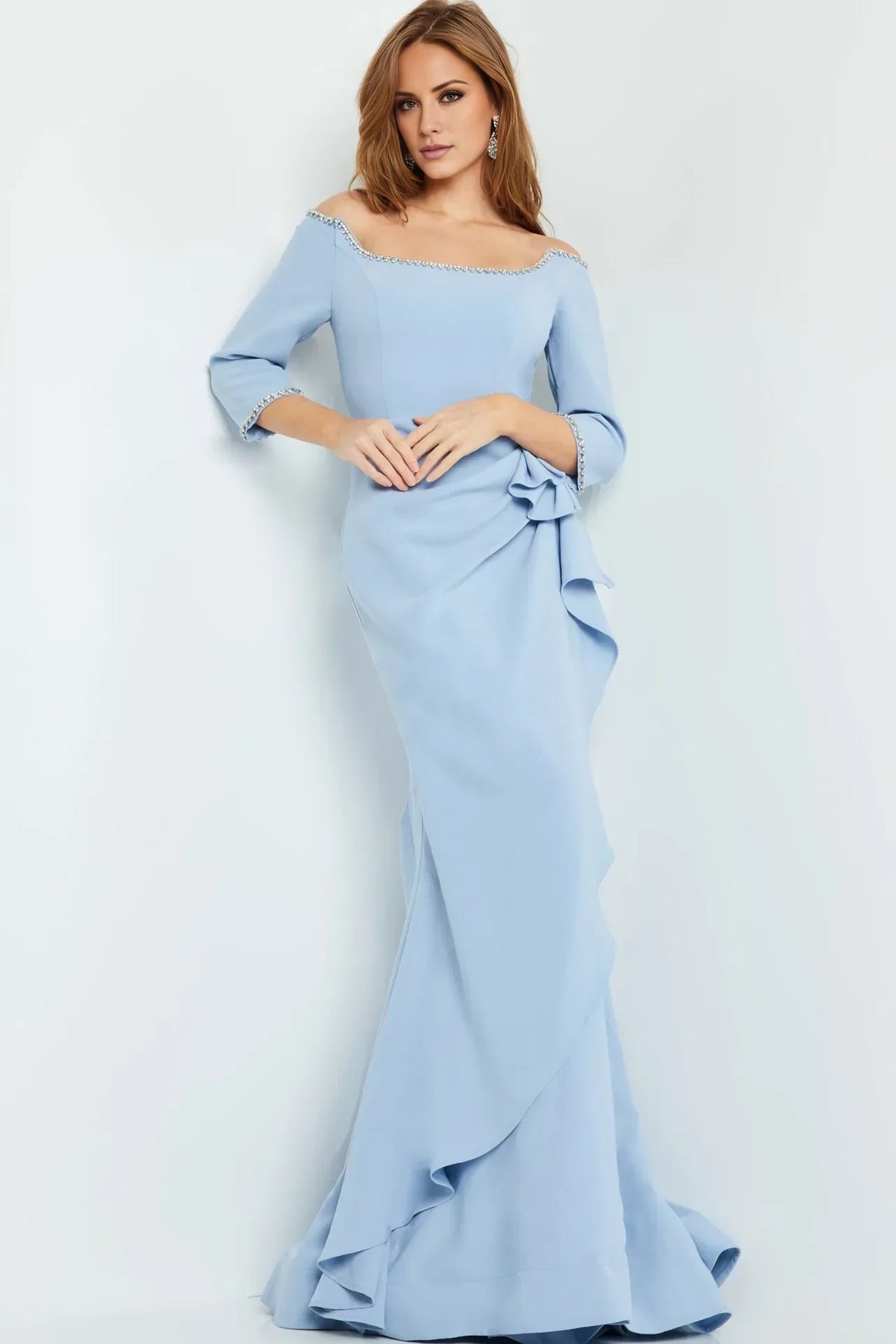 Light blue off shoulder beaded ruffle edge and floor length evening dress