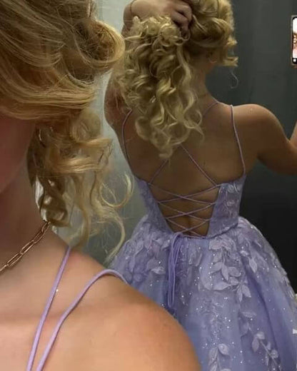 Fashion Lilac Appliques Tulle Design Spaghetti Strap A-line Homecoming Dress TP3618