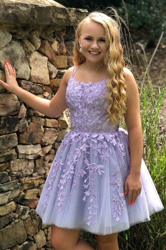 Fashion Lilac Appliques Tulle Design Spaghetti Strap A-line Homecoming Dress TP3618