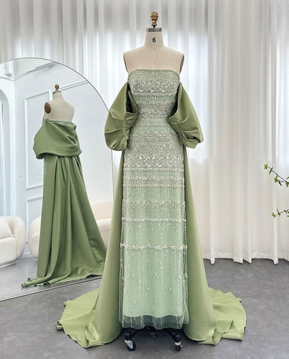 Vintage Shiny Beaded Strapless Sheath Cape Design Long Prom Dress Evening Dress TP4566