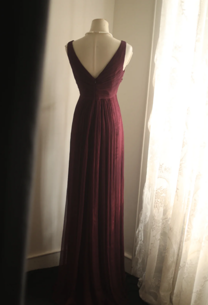 Retro Dark Purple V Neck Chiffon Long Prom Dress Evening Gown