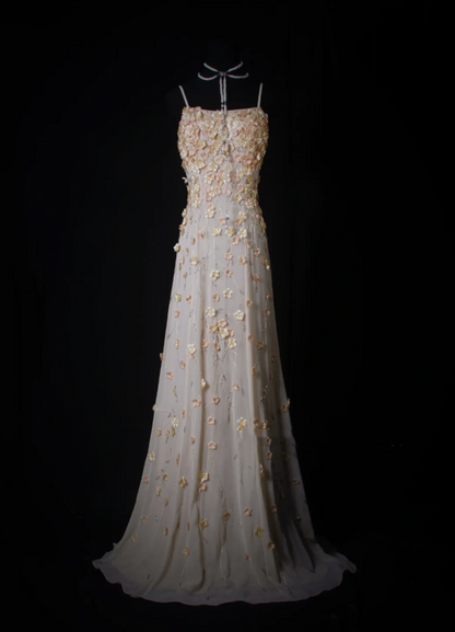 Fairy Spaghetti Straps Chiffon 3D Floral Beaded Mermaid Long Prom Dress Party Gown