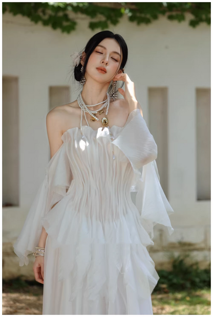 Fairy Off The Shoulder White Chiffon Pleated Pearls Long Party Dress Birthday Evening Gown