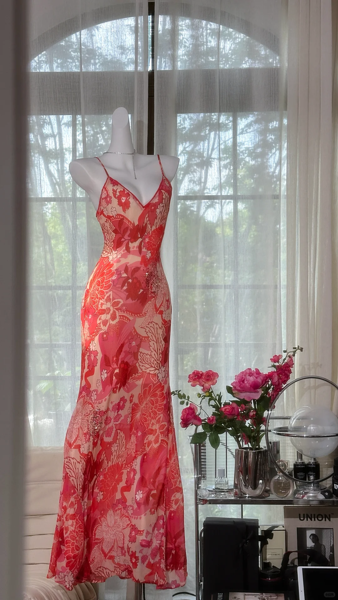 Pretty Spaghetti Straps V Neck Red Chiffon Print Floral Mermaid Evening Dress Long Birthday Prom Gown