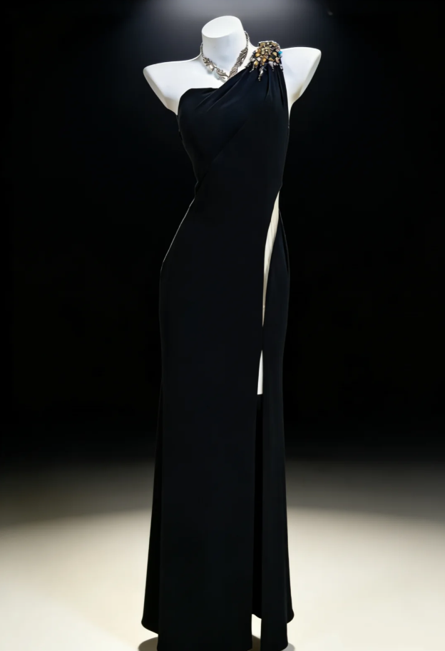 Sexy Black Satin Beaded Mermaid Slit Party Dress One Shoulder Long Wedding Guest Dress SP1574