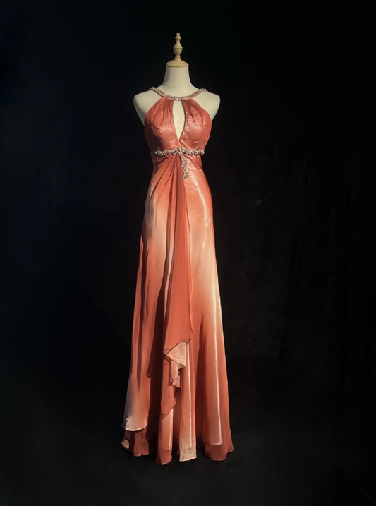 Chic Ombre Orange Chiffon Beaded Long Party Dress Evening Gowns