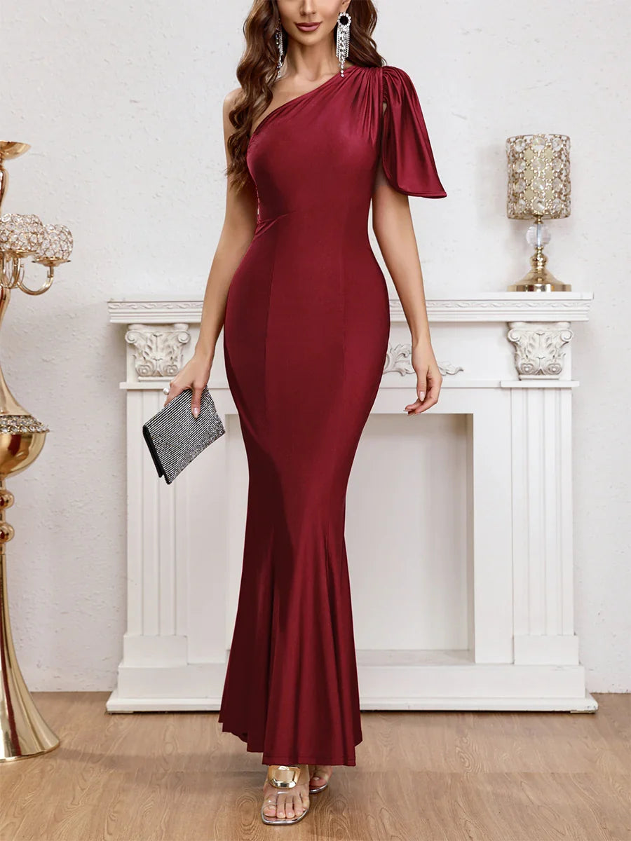Wine red one shoulder lotus leaf edge fish tail long gown evening dresses