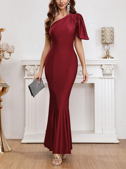 Wine red one shoulder lotus leaf edge fish tail long gown evening dresses