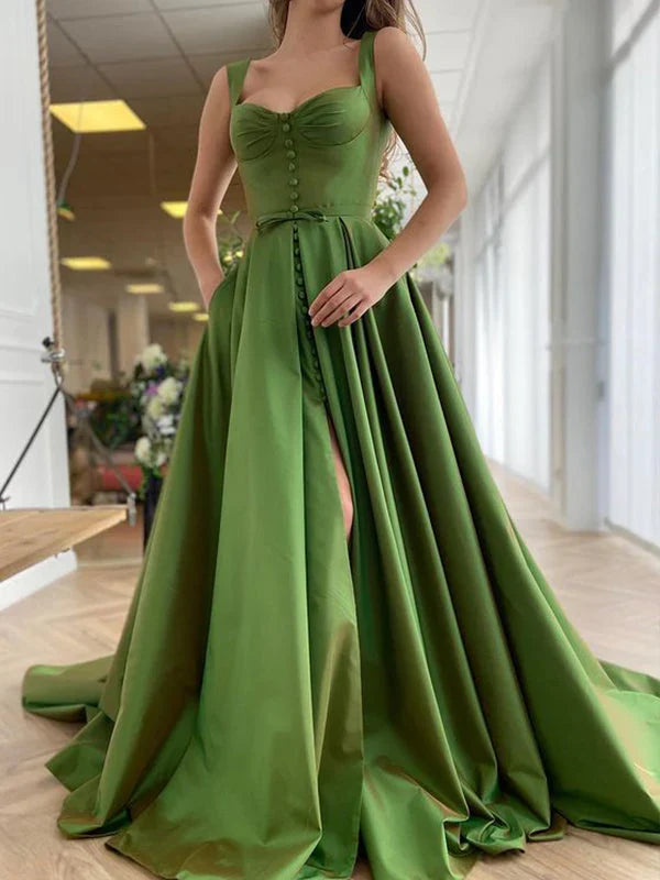 Women's A-line/Princess Satin Shoulder Strap Sweeper/Brush Tail Long Evening Dress