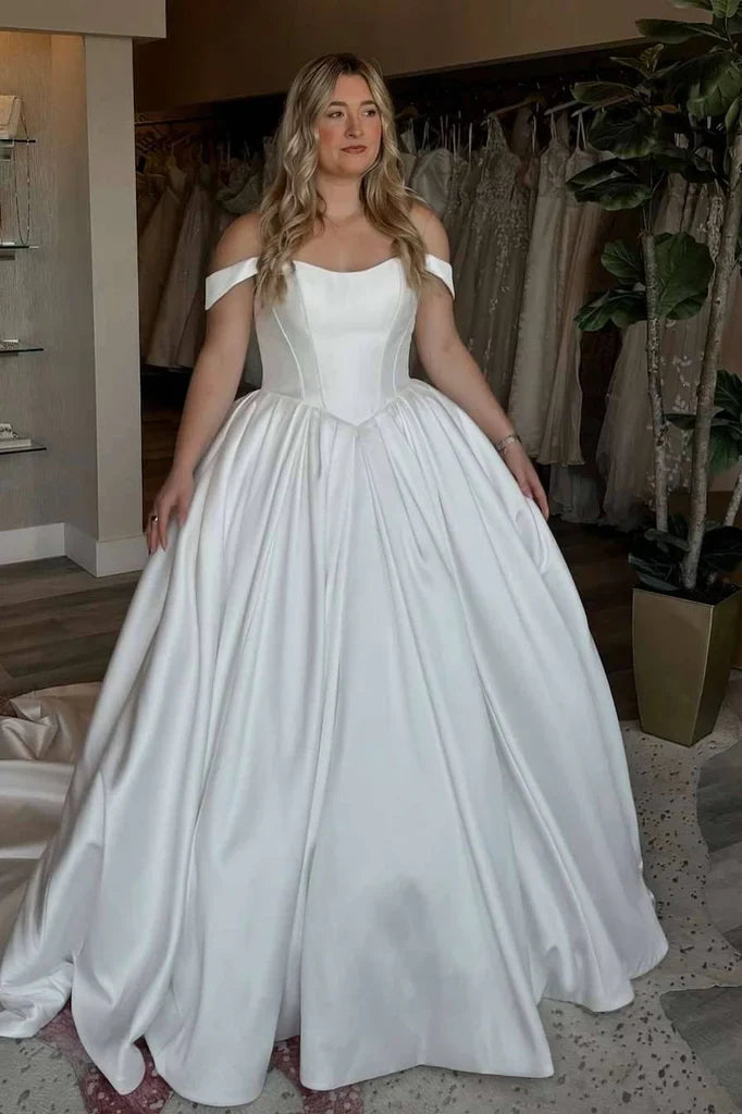 Elegant Off-the-Shoulder Satin Corset Bodice A-Line Wedding Gown TP5901