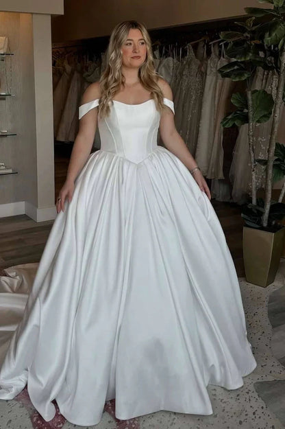 Elegant Off-the-Shoulder Satin Corset Bodice A-Line Wedding Gown TP5901