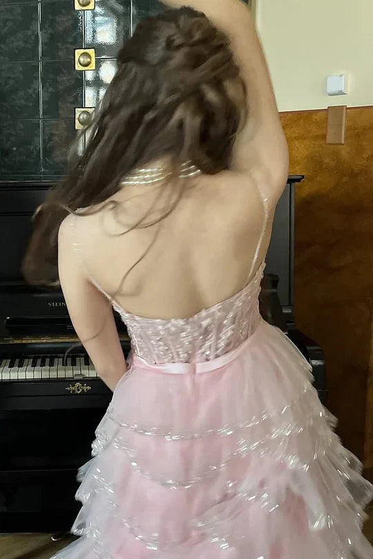 Pink shiny elegant off-shoulder sweet ruffle long tulle tiered ball gown, evening dress, party dress gh3536