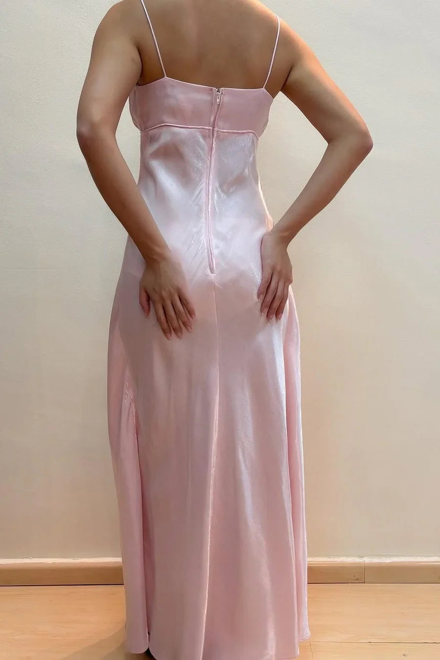 girlhomeshops-- Fairy dress pink A-line spaghetti strap high waist sleeveless long satin ball gown gh5724