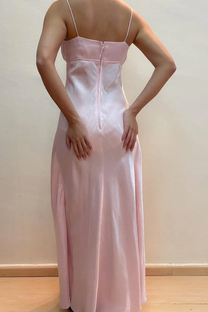 girlhomeshops-- Fairy dress pink A-line spaghetti strap high waist sleeveless long satin ball gown gh5724