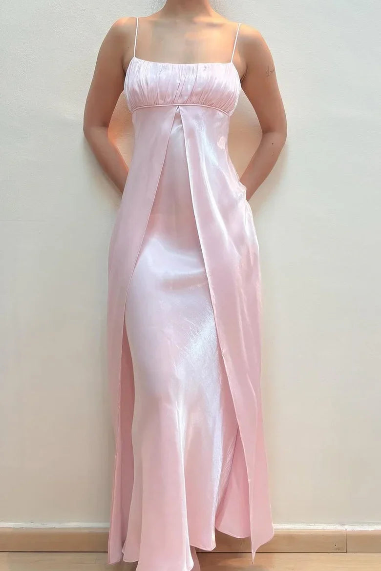girlhomeshops-- Fairy dress pink A-line spaghetti strap high waist sleeveless long satin ball gown gh5724