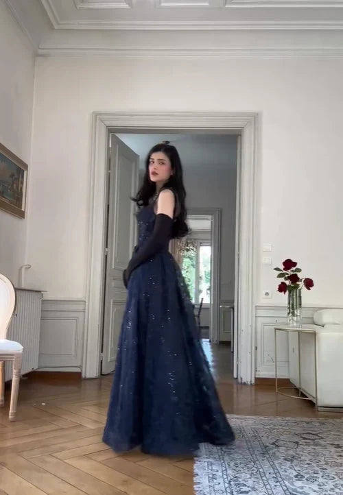 Navy Blue Vintage Fashion Elegant Strapless A-Line Delicate Lace Long Tulle Ball Gown Evening Dress gh3616