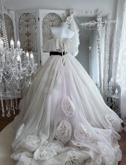 Elegant Strapless Tulle Pleated 3D Flowers Long  Birthday Quinceanera Dress Sweet 16 Dress SP1447