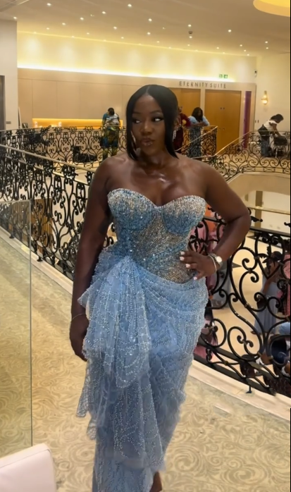 Shiny Strapless Blue Sequin Beaded Sheath Long Party Dress Evening Gown
