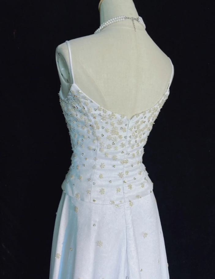 Elegant Spaghetti Straps White Tulle Beaded Mermaid Evening Dress Long 17th Birthday Outfits SP1783