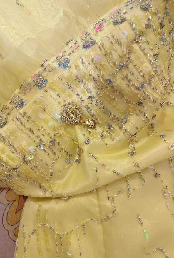 Sweet Strapless Yellow Tulle Satin Beaded Mermaid Long Prom Dress Birthday Party Gown