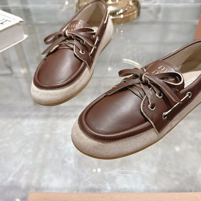 MIUMIU CANVAS AND BLEACHED LEATHER BOAT SHOES BEIGE 5D376E 3LQM F0J51 F 005