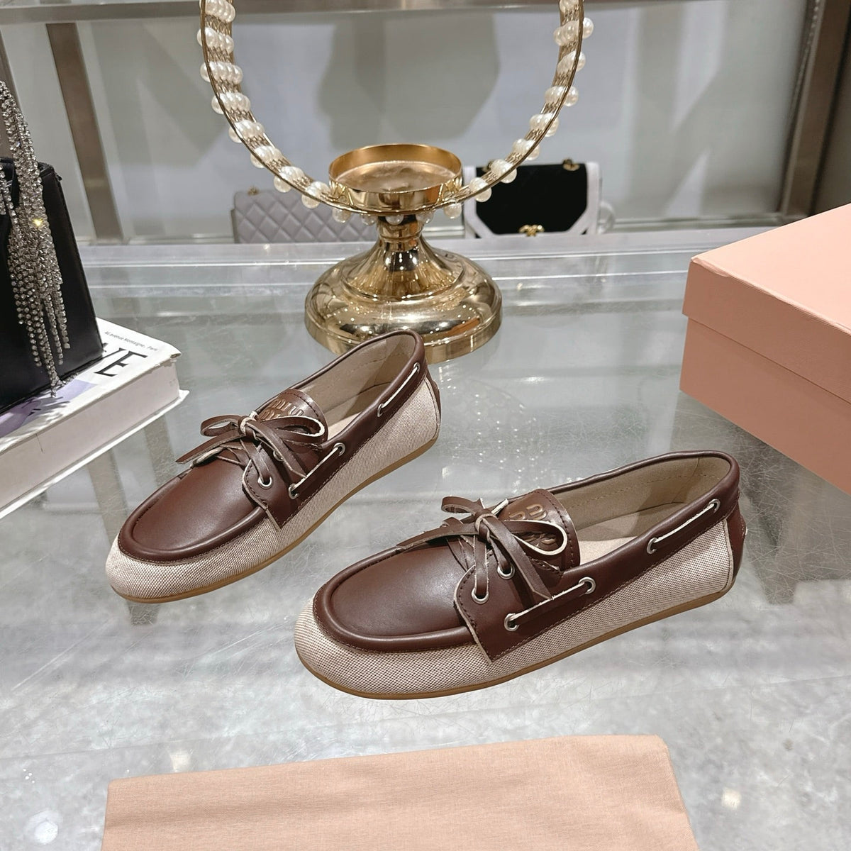 MIUMIU CANVAS AND BLEACHED LEATHER BOAT SHOES BEIGE 5D376E 3LQM F0J51 F 005