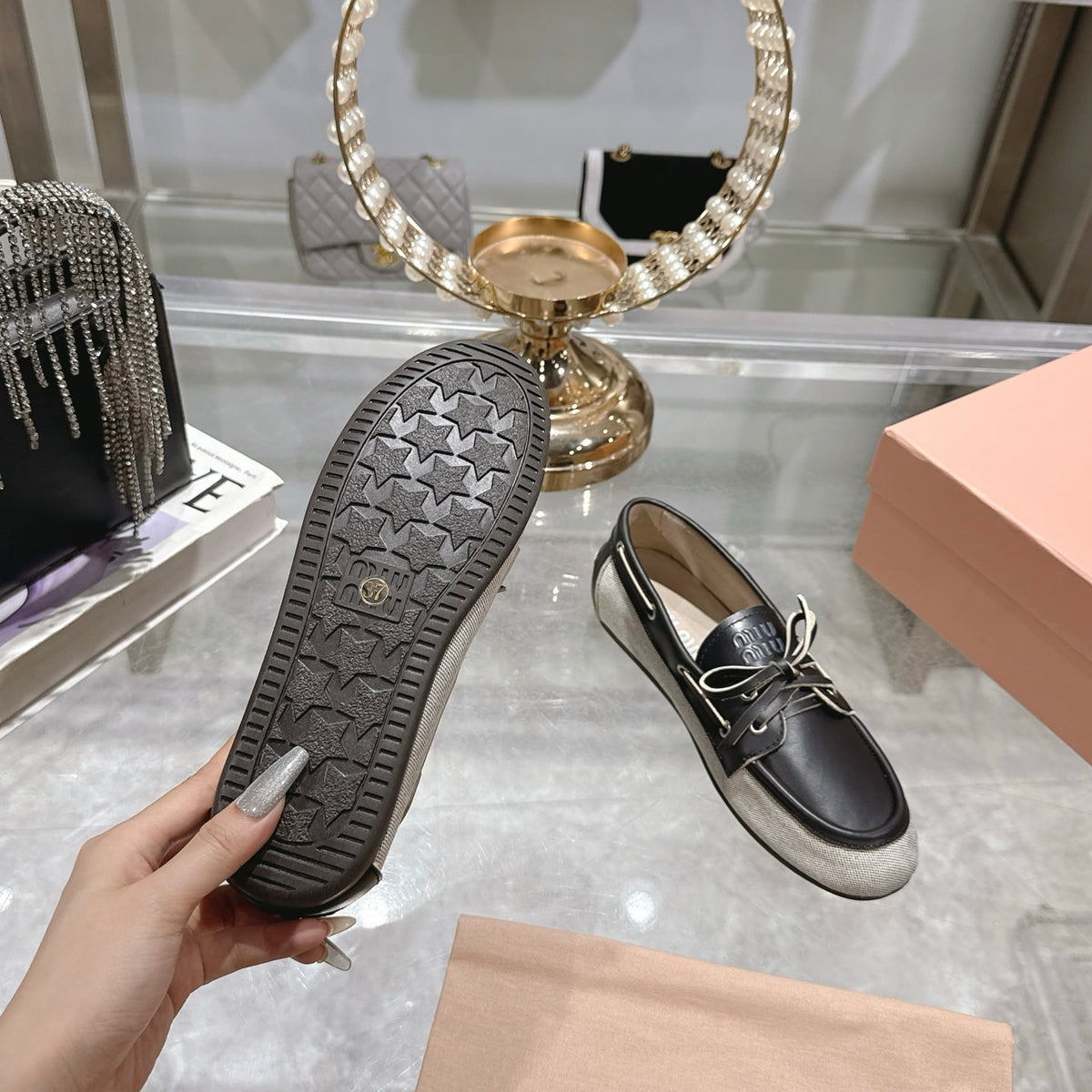 MIUMIU CANVAS AND BLEACHED LEATHER BOAT SHOES BLACK
