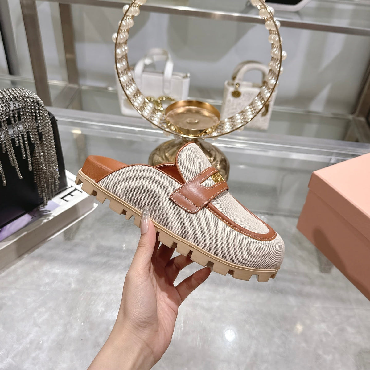 MIUMIU CANVAS AND LEATHER MULES BEIGE 5D377E Q1D F062F F 010