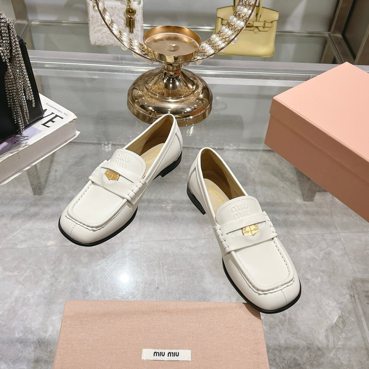 MIUMIU LEATHER LOAFERS WHITE
