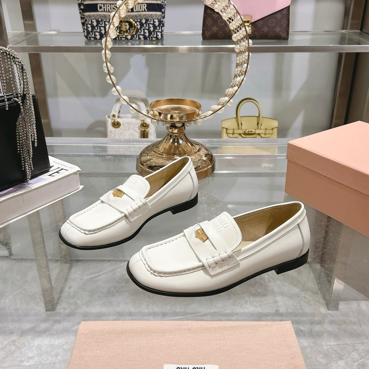 MIUMIU LEATHER LOAFERS WHITE