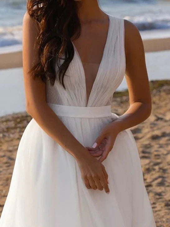 A-line/Princess Deep V-neck and Floor sheer Wedding Dress