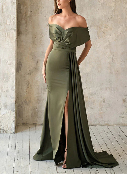 Loudspeaker/fishtail split off shoulder satin mother of the bride dress