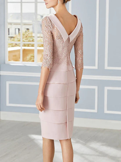 Sheath/cylindrical low round neck 3/4 sleeve knee length lace mother of the bride dresses