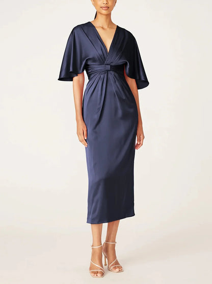 Slim fit/column V-neck half sleeved tea long ruffled edge mother of the bride dresses