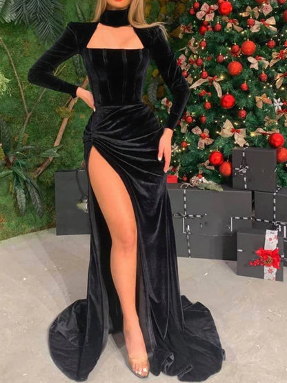 Tight fit/column long sleeved slit long dress