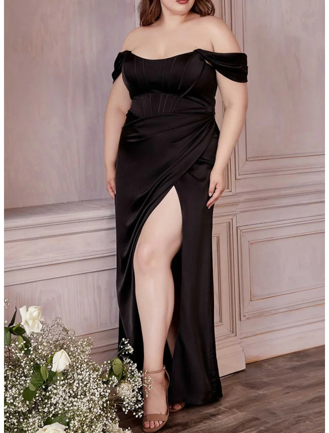 Tight/straight cut off shoulder and floor length evening dress