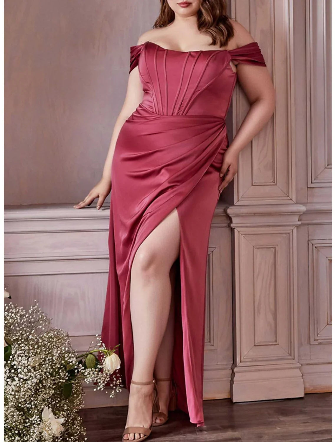 Tight/straight cut off shoulder and floor length evening dress