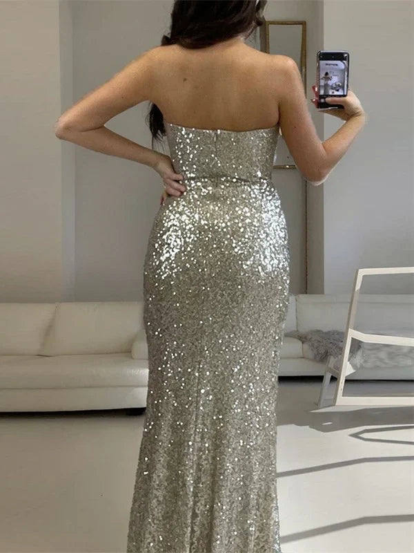 Loudspeaker/Mermaid sequin strapless sleeveless and floor length slit prom dress