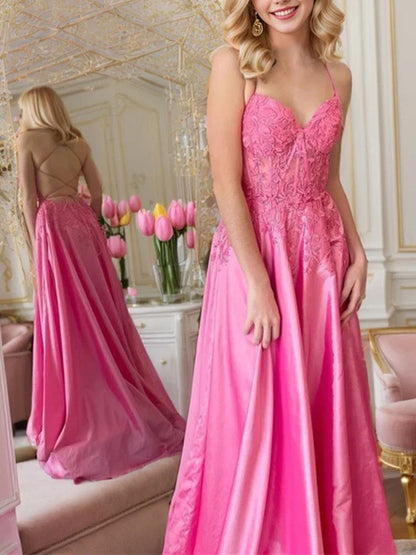 A-line/princess thin shoulder strap and floor prom dress